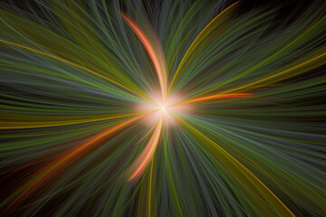 Green orange pattern of crooked rays from the center on a black background. Abstract fractal 3D rendering