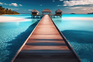 Fototapeta premium Amazing drone view of the beach and water with beautiful colors. Maldives paradise scenery water villas with amazing sea and lagoon beach, tropical nature. summer vacation.