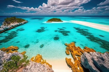 Amazing drone view of the beach and water with beautiful colors. Maldives paradise scenery water villas with amazing sea and lagoon beach, tropical nature. summer vacation.