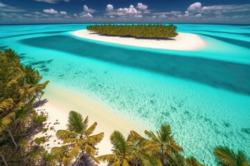 Fototapeta na wymiar Amazing drone view of the beach and water with beautiful colors. Maldives paradise scenery water villas with amazing sea and lagoon beach, tropical nature. summer vacation.