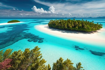 Fototapeta na wymiar Amazing drone view of the beach and water with beautiful colors. Maldives paradise scenery water villas with amazing sea and lagoon beach, tropical nature. summer vacation.