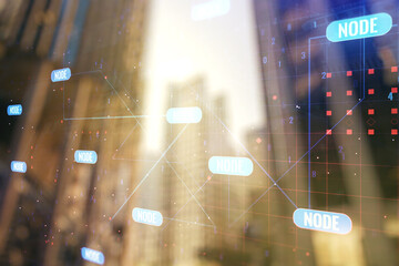 Multi exposure of abstract creative coding sketch on office buildings background, artificial intelligence and neural networks concept