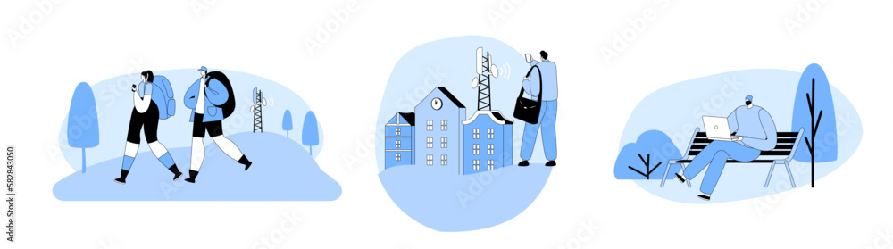 Poster set 5g network wireless technology concept. people at transmission tower using high-speed mobile int