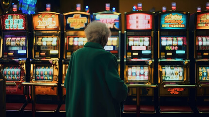 Aged lady playing casino slots. generative AI