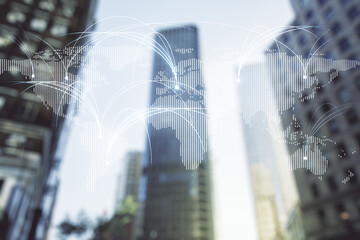 Double exposure of abstract digital world map hologram with connections on modern skyscrapers background, research and strategy concept