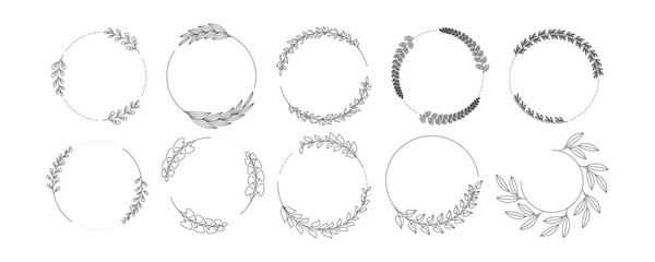 Decorative frame round laurels branches. Round floral frame made of hand drawn flowers with contour lines. Circular foliate laurel design element.