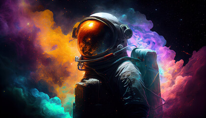 Picture of astronaut - man or woman in suit with helmet, cosmiec gas, ai generated