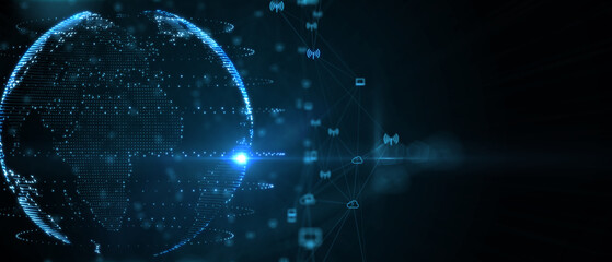 Blue futuristic background with planet Earth. Composition, representing the global, network connection, international meaning. Global social network. 3d illustration.