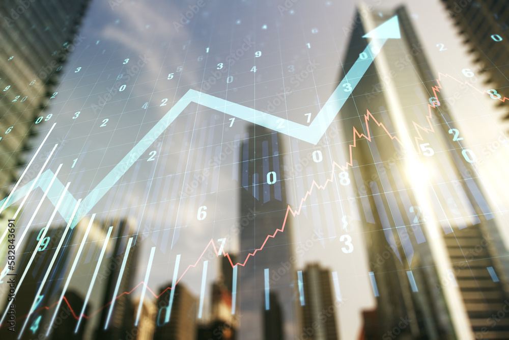 Poster multi exposure of virtual abstract financial graph and upward arrow on modern architecture backgroun