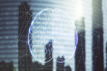 Virtual creative artificial Intelligence hologram with human brain sketch on office buildings background. Multiexposure
