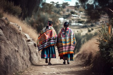 Back view of two Quechua indigenous women in traditional clothes walking in rural path. Generative AI - obrazy, fototapety, plakaty