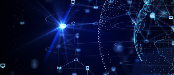 Obraz premium Blue futuristic background with planet Earth. Composition, representing the global, network connection, international meaning. Global social network. 3d illustration.