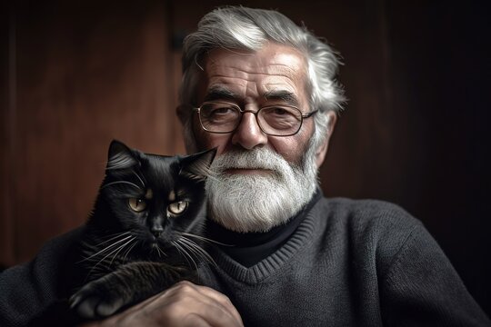 Mature retired man portrait with his black cat. Generative AI