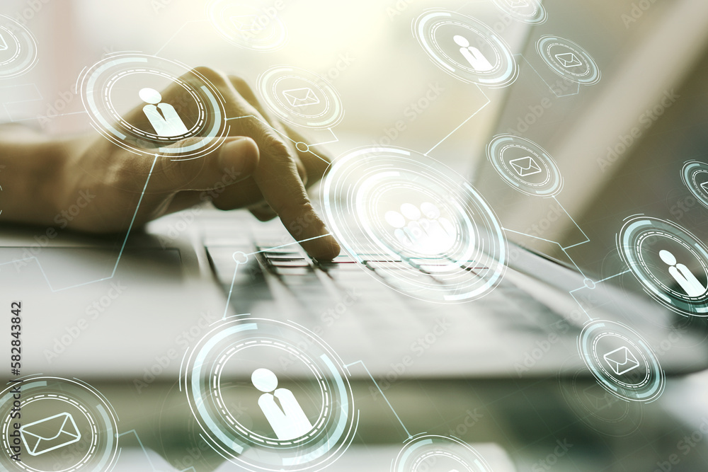 Poster Double exposure of social network icons concept with hand typing on computer keyboard on background. Networking concept