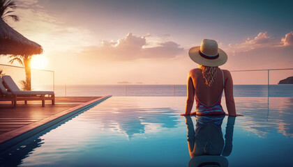 Woman taking a pleasant swim in the luxury resort hotel's infinity pool while watching the sun set. Blue sky, warm tropical water, and picturesque scenery - Generative AI - obrazy, fototapety, plakaty