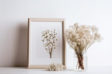 Gypsophila flowers in a vase and a picture frame mockup on a white work table with blank space for text and blog design. Generative AI