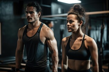 Fototapeta na wymiar Couple exercising together at the gym. Dark background. Generative AI