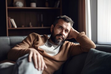 Fototapeta premium Attractive man resting relaxing in the sofa at home. Generative AI