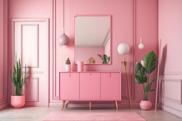 Interior scene in pink with decorations, a photo frame, and an entryway cabinet. Scene in a flat, monochromatic style. Generative AI