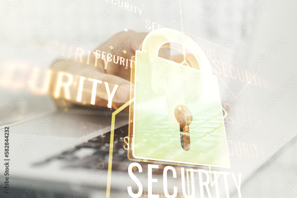 Poster double exposure of creative lock hologram with chip and hands typing on laptop on background. inform