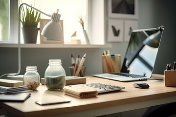 A close up of a workspace in a home office area that includes a laptop, stationery, vases, and copy space. Generative AI
