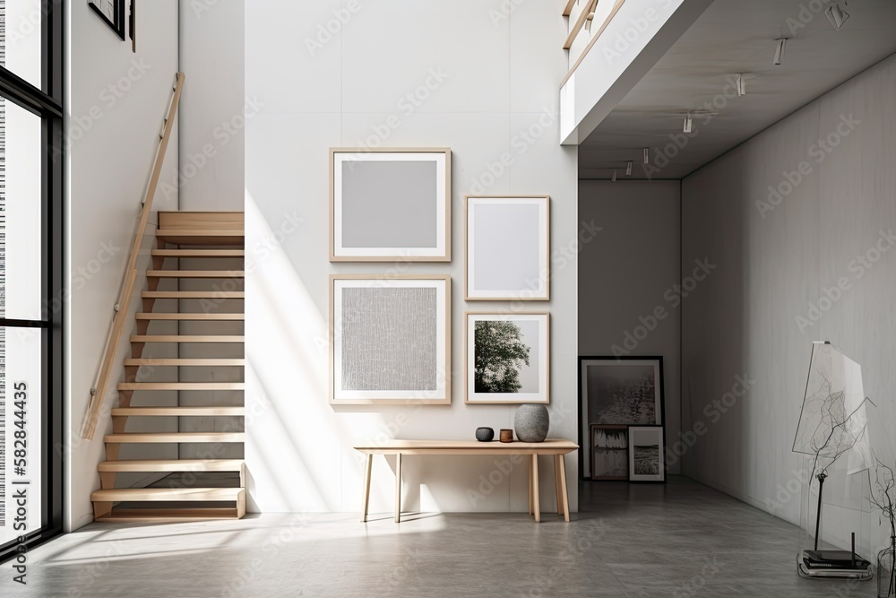 Poster mockup for a white vertical poster or picture frame in a structure with minimalist architecture. gen