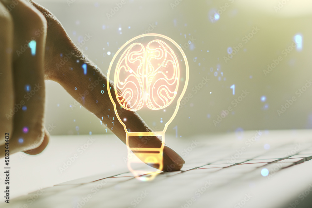 Poster creative idea concept with light bulb and human brain illustration and with hands typing on laptop o