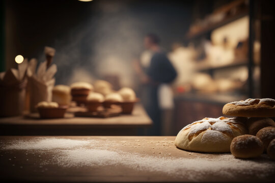 Wooden table top on blurred background of bakery for product display iri advertising. AI Generated.