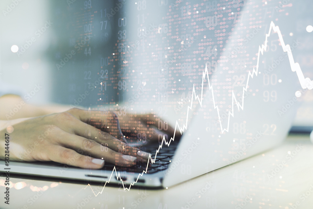 Poster multi exposure of abstract creative financial chart with world map and with hand typing on computer 