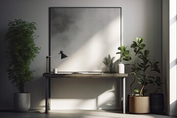 Model of a blank poster on the wall of a space that has a console and a plant. Shadows and sunlight. Generative AI
