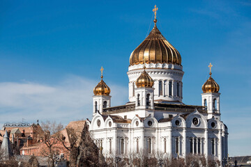 Russian Orthodox Cathedral - The Cathedral of Christ the Savior in Moscow against the blue sky on a...