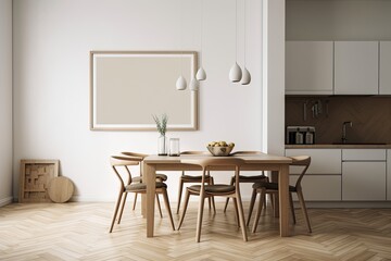 Unfilled square frame on a beige wall in the background of a kitchen with parquet flooring and black chairs. a modern, trendy design idea. Generative AI