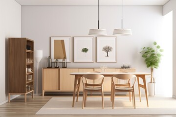 Interior of a bright dining room with a sideboard, six seats, a table, a light, shelves, and a carpet over concrete flooring. Concept of a simple restaurant design. a mockup. Generative AI