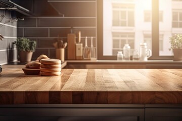 Background of a counter or table in a kitchen. Tablecloth and wood texture are used to decorate the top surface. Include a blurry window, an open space for a mockup or product display, and a cooking h