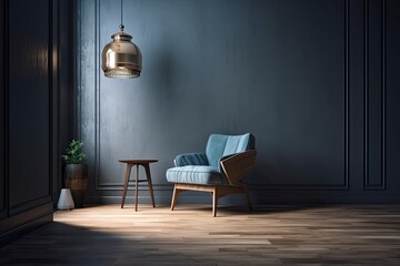 an empty room mock up with a wide gray concrete empty wall, a dark blue armchair, a vase, and a wooden parquet floor,. Generative AI