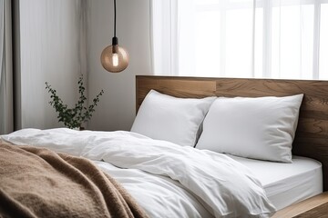 Close up of a wooden bed with a white pillow and blanket against a white bedroom wall in daylight. Interior design for a resort or relaxing hotel room that emphasizes comfort and modern design