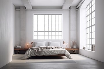 architectural design concept idea mockup template, exterior plaster wall with white window and shutters, interior bedroom with double bed, blank background with copy space. Generative AI