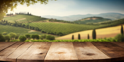 An empty wooden table for product display. blurred french vineyard in the background. Generative ai