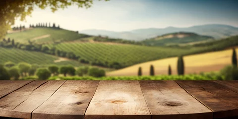 Gardinen An empty wooden table for product display. blurred french vineyard in the background. Generative ai © ink drop