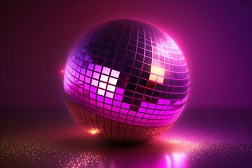 Glowing disco ball on purple background, cinematic purple and pink light. Generative ai.