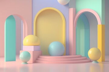 Stand podium wall scene pastel color background, geometric shape for product display presentation.