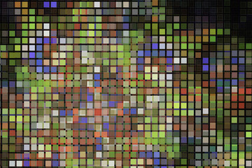 Multicolored mosaic pattern with small squares on a black background. Abstract fractal 3D rendering