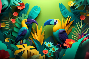 Tropical paradise motif with palm trees, orchids and parakeets, leaves, fruits, flowers and birds. Breadfruit, palm, plumeria, parrots. Generative ai