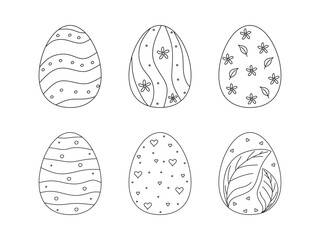 Set of Easter eggs in doodle style. Hand drawn decorative eggs in linear style isolated on white background. Happy easter. Vector illustration
