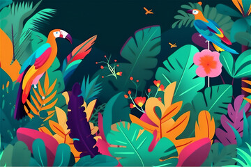 Botanical motif featuring breadfruit, plumeria, and parrots in a tropical color scheme, tropical background with copy space, generative ai