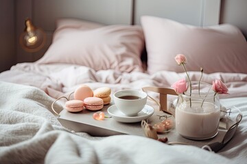 lifestyle on Valentine's Day. still image Coffee cup and plate in mockup setting. In room breakfast. Background of linen. top perspective and a flat lay. Generative AI