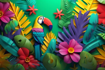 island paradise print with banana leaves, frangipani flowers, and macaws.card template. Tropical jungle rainforest. Generative ai