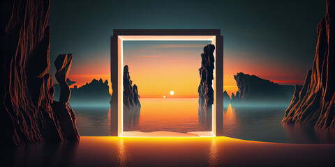Minimal modern product display podium on beach with summer sea at colorful sunset, ai generative