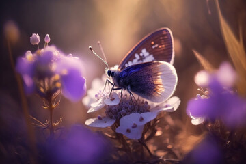 Plakat Purple butterfly flies over small wild white flowers in grass in rays of sunlight Generative AI