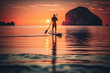 Stand up paddle boarding on quiet sea at sunset with beautiful colors during warm summer Generative AI - obrazy, fototapety, plakaty